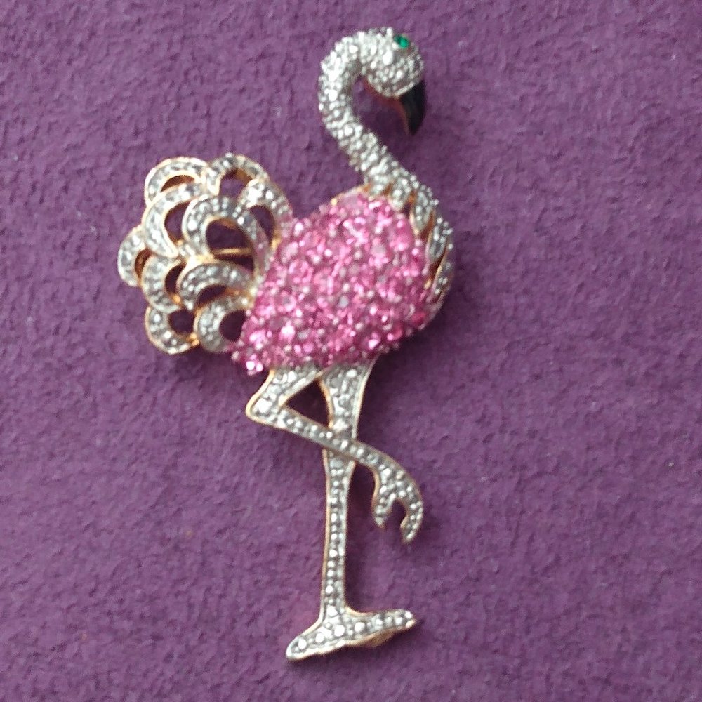 Gold Tone Rhinestone Flamingo Brooch